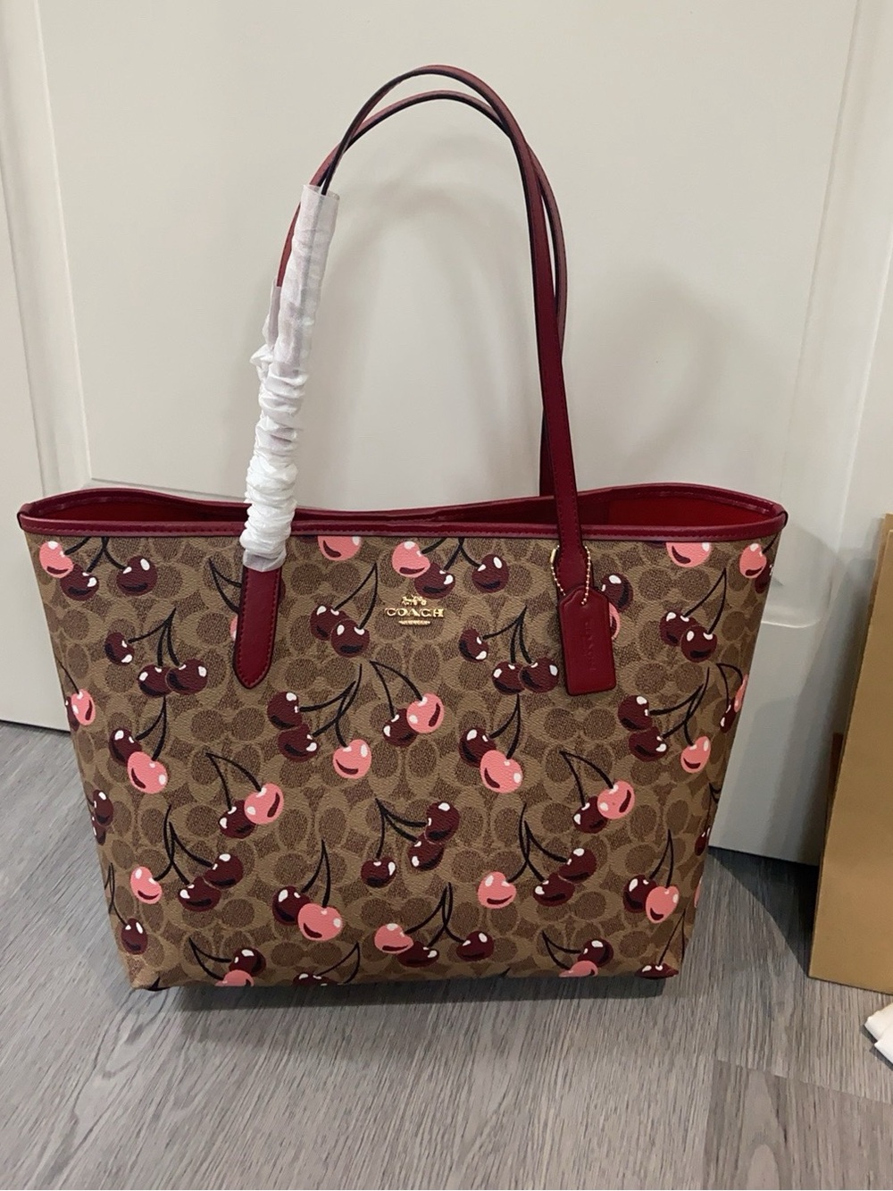 Coach Brown Signature Cherry Print Tote with Red Trim